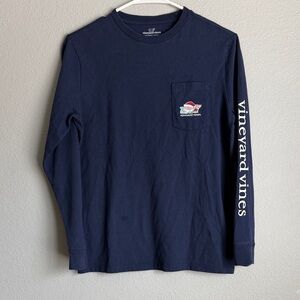 Vineyard Vines Boys’ Santa Whale List Long-Sleeve Pocket Navy Tee Size Medium
